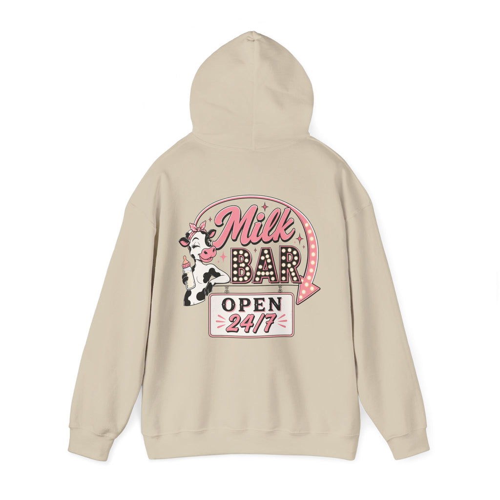 Milk Bar Hoodie – Retro Cow "Open 24/7" Graphic Hoodie