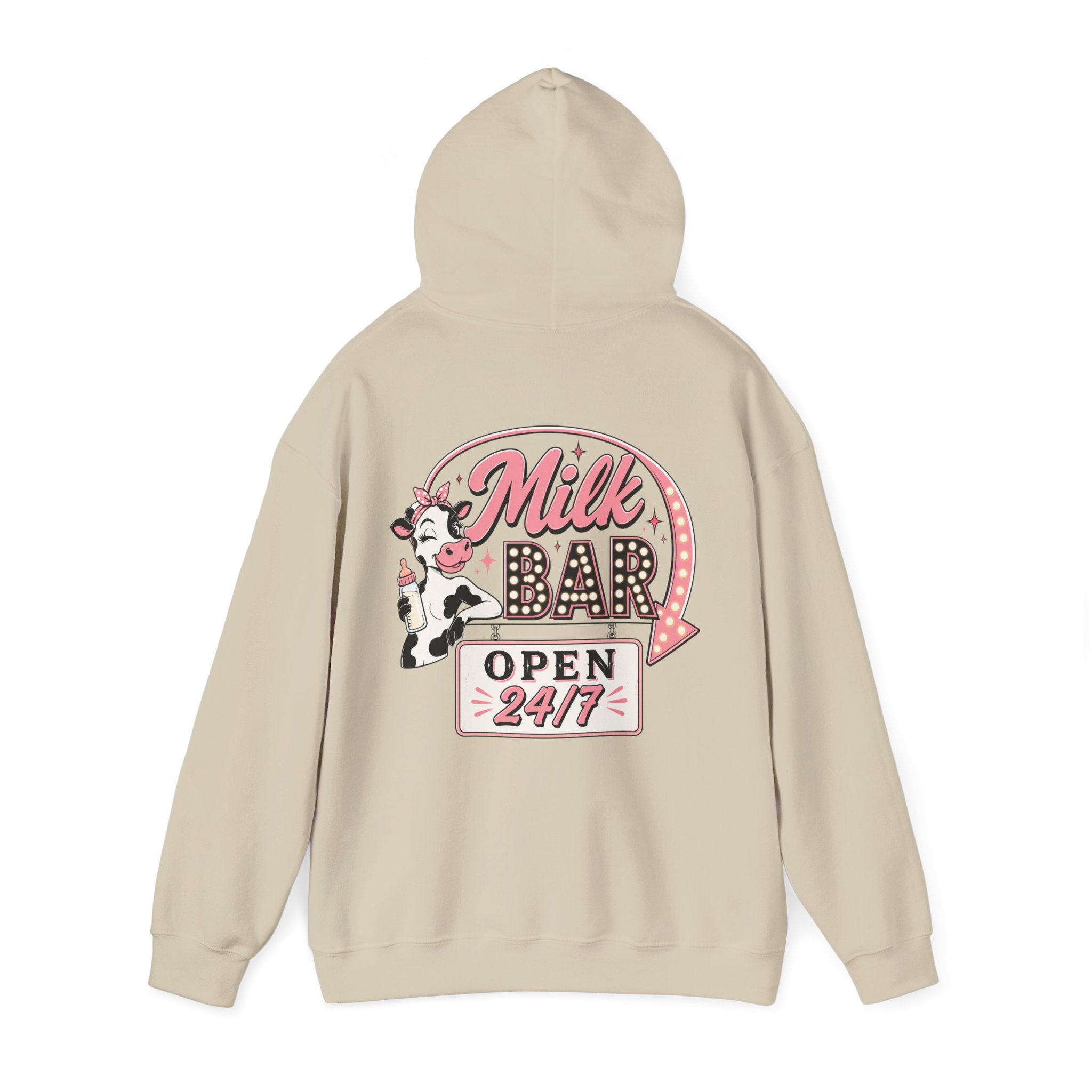 Milk Bar Hoodie – Retro Cow "Open 24/7" Graphic Hoodie