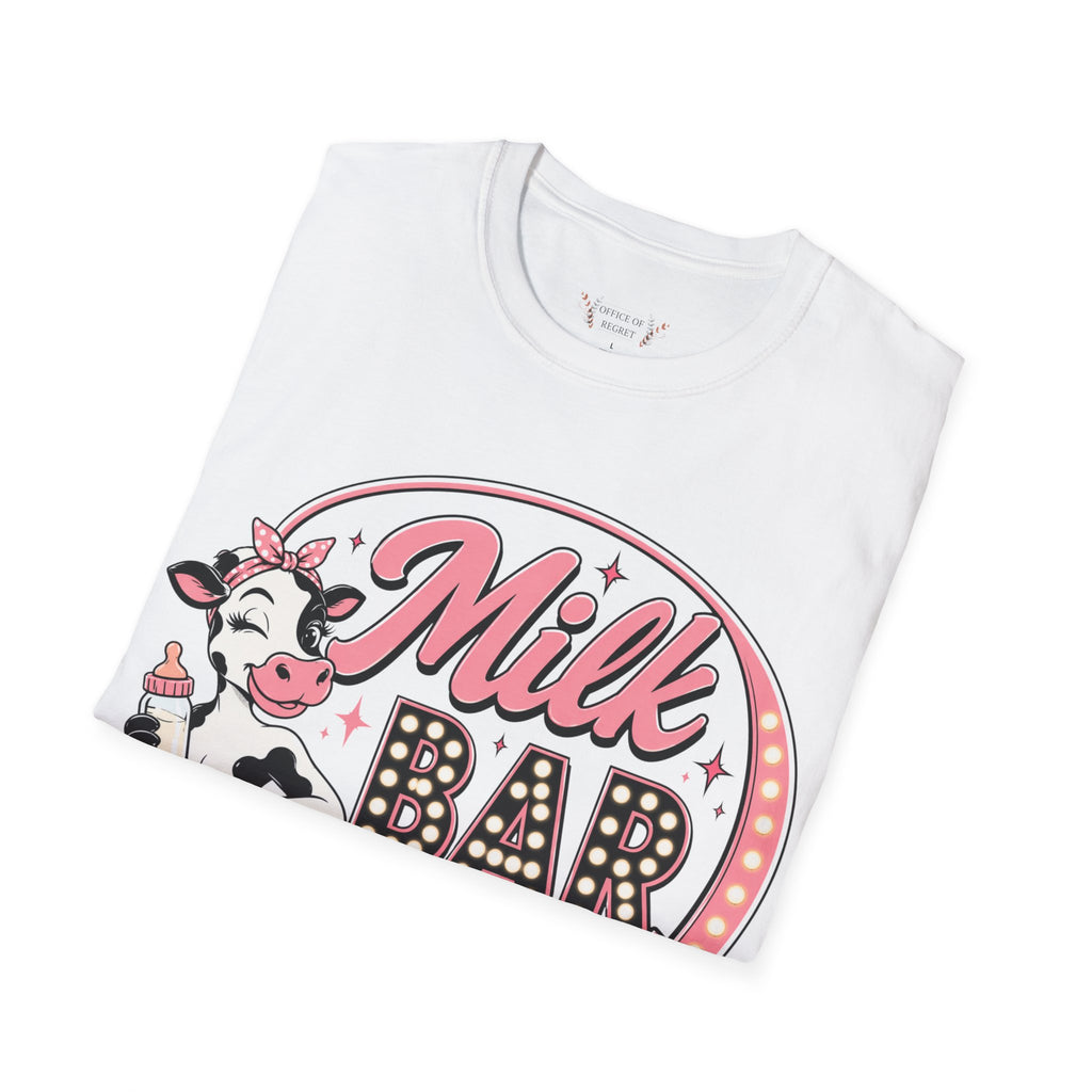 Milk Bar T‑Shirt – Cute Retro Cow "Open 24/7" Graphic Tee
