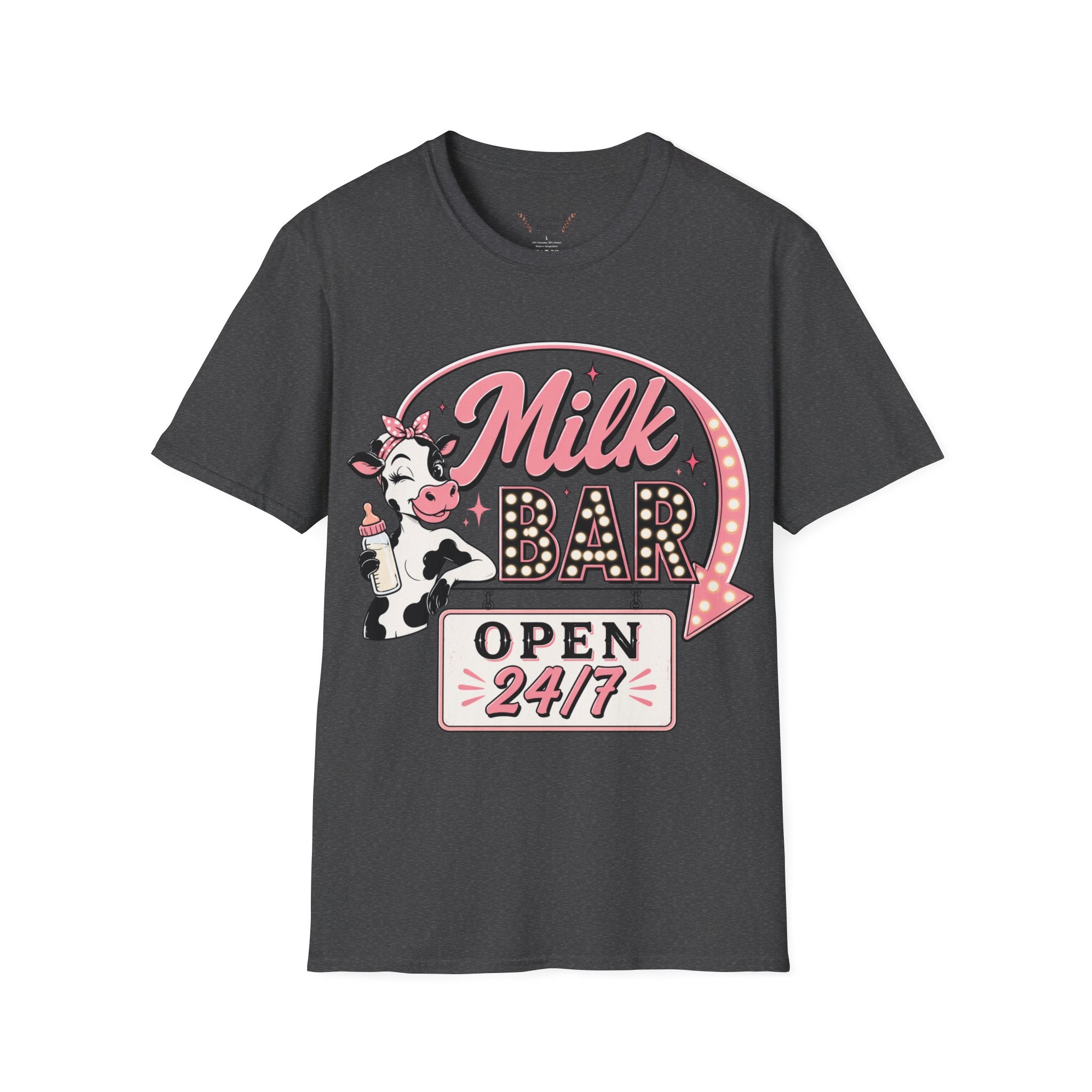 Milk Bar T‑Shirt – Cute Retro Cow "Open 24/7" Graphic Tee