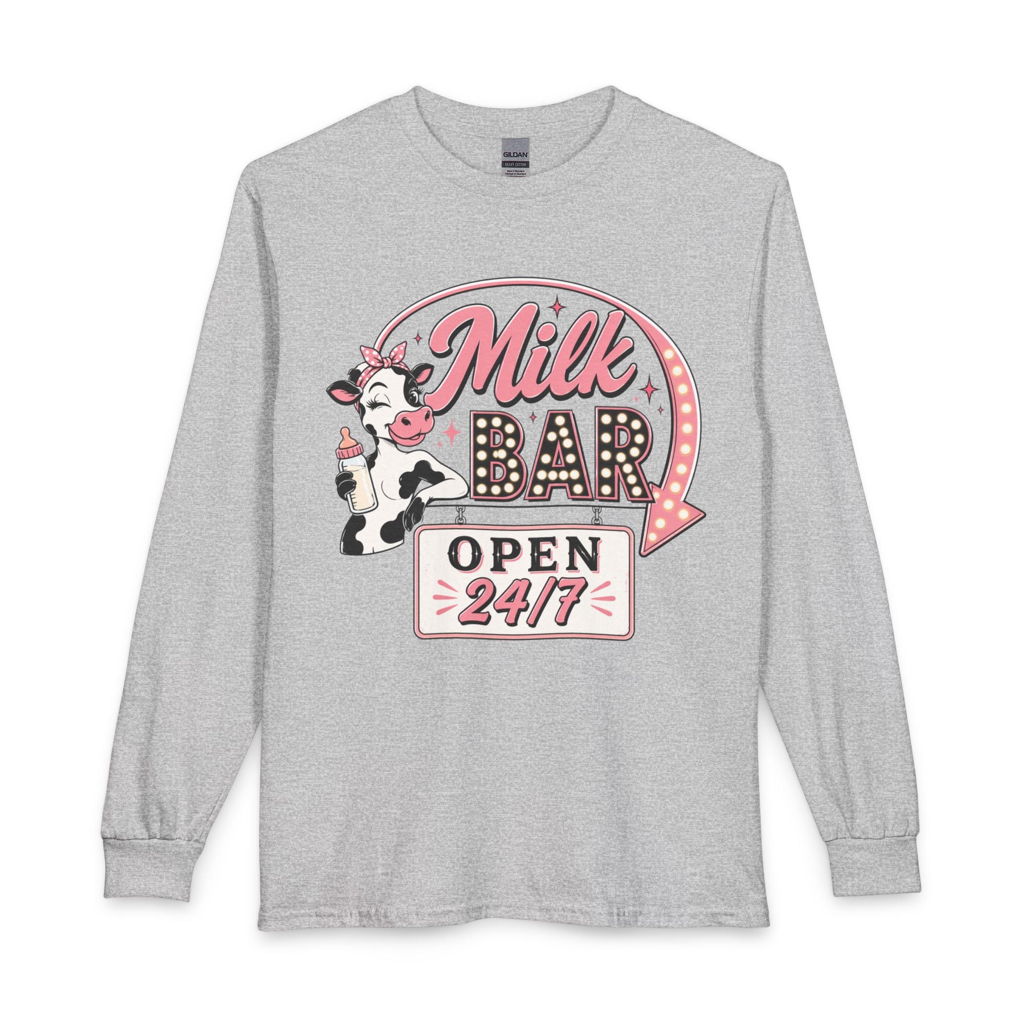 Milk Bar Long Sleeve Tee — Retro 'Milk Bar Open 24/7' Graphic Shirt